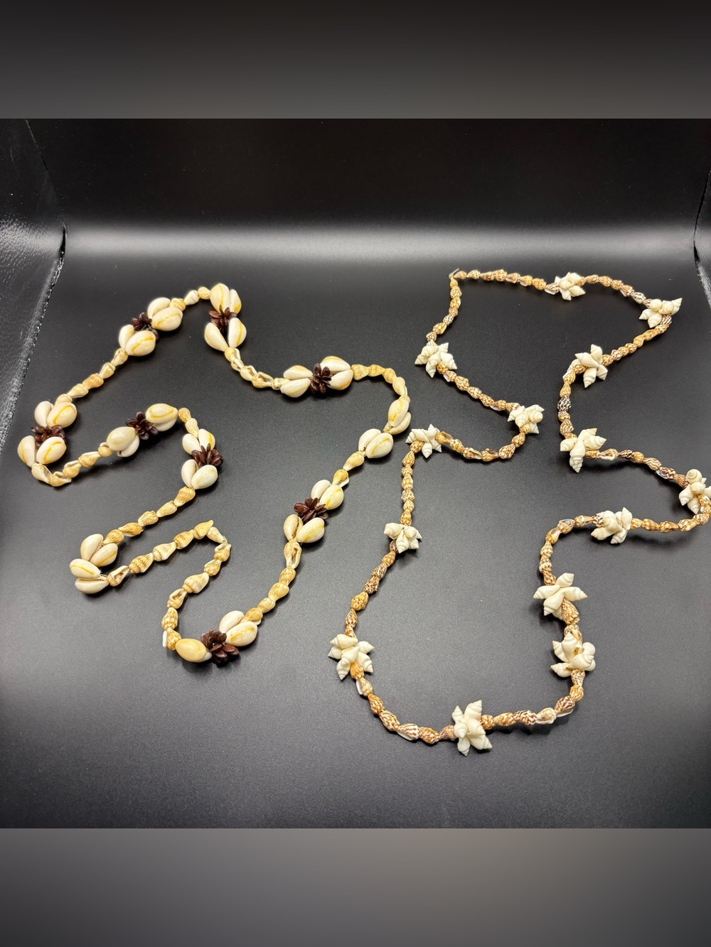 Lot of 2 Vintage Hawaiian Shell Leis Floral Pikake Cowrie Koa Seed Set